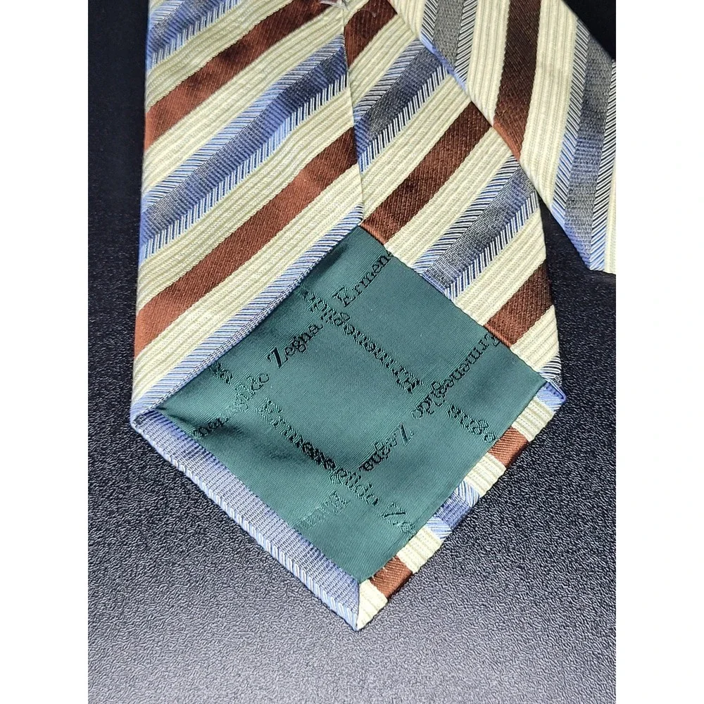 Ermenegildo Zegna Men's Necktie Brown Blue Striped Silk 3.75x58 Excellent